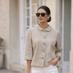 Juicy Couture Linen Blend Blazer 6 Beige and Gold Buttons Peter Pan Collar